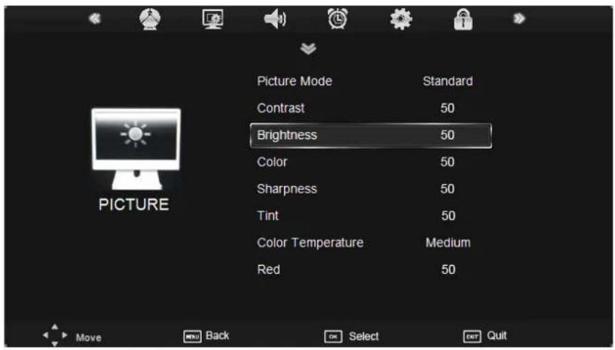 Picture Mode Contrast Brightness Color Sharpness Tint Color Temperature Red Standard 50 50 50 50 Medium 50 Move Back OK Select OUT Quit