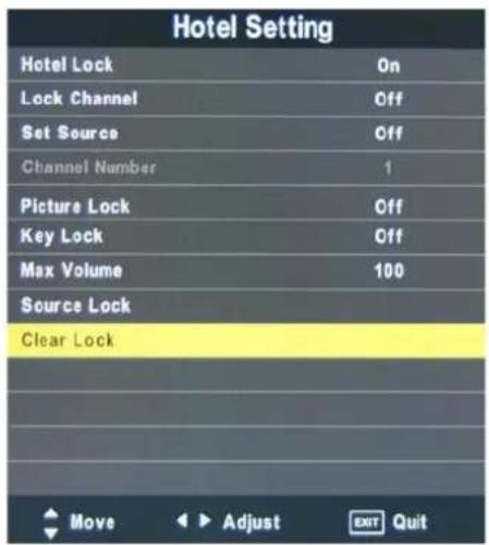 Hotel Setting Hotel Lock On Lock Channel Off Set Source Off Channel Number 1 Picture Lock Off Key Lock Off Max Volume 100 Source Lock Clear Lock Move Adjust Exit Quit