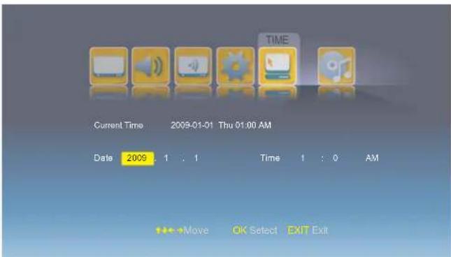 Current Time 2009-01-01 Thu 01:00 AM Date 2009 1 : 1 Time 1 : 0 AM Move OK Select EXIT Exit