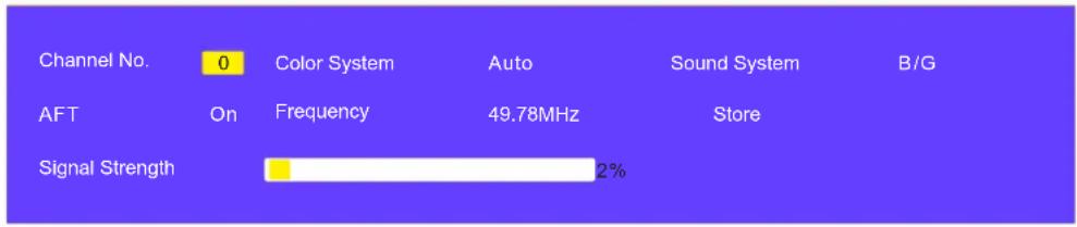 Channel No. 0 Color System Auto Sound System B/G AFT On Frequency 49.78MHz Store Signal Strength 2%