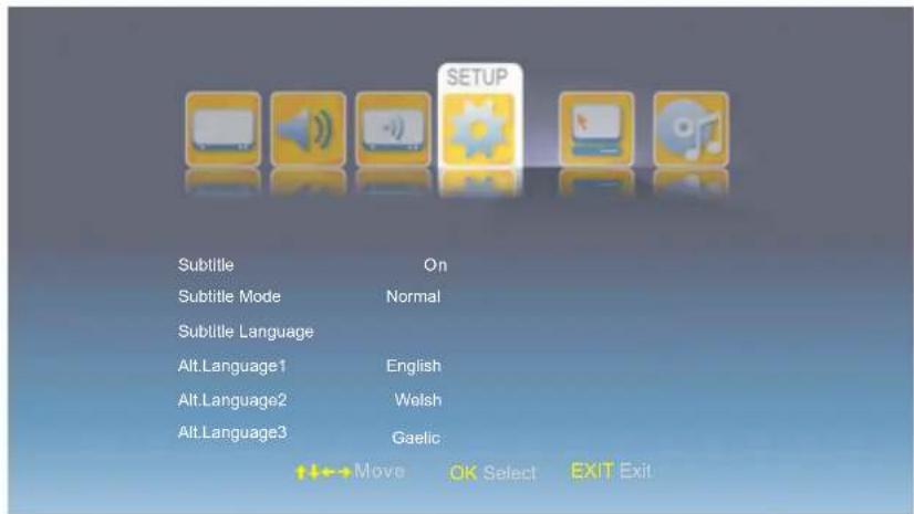 Subtitle On Subtitle Mode Normal Subtitle Language Alt.Language1 English Alt.Language2 Walsh Alt.Language3 Gaelic Move OK Select EXIT Exit