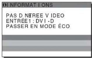 Informations : pas de signal vidéo. Entrée 1 : DVI-D. Passer en mode éco.