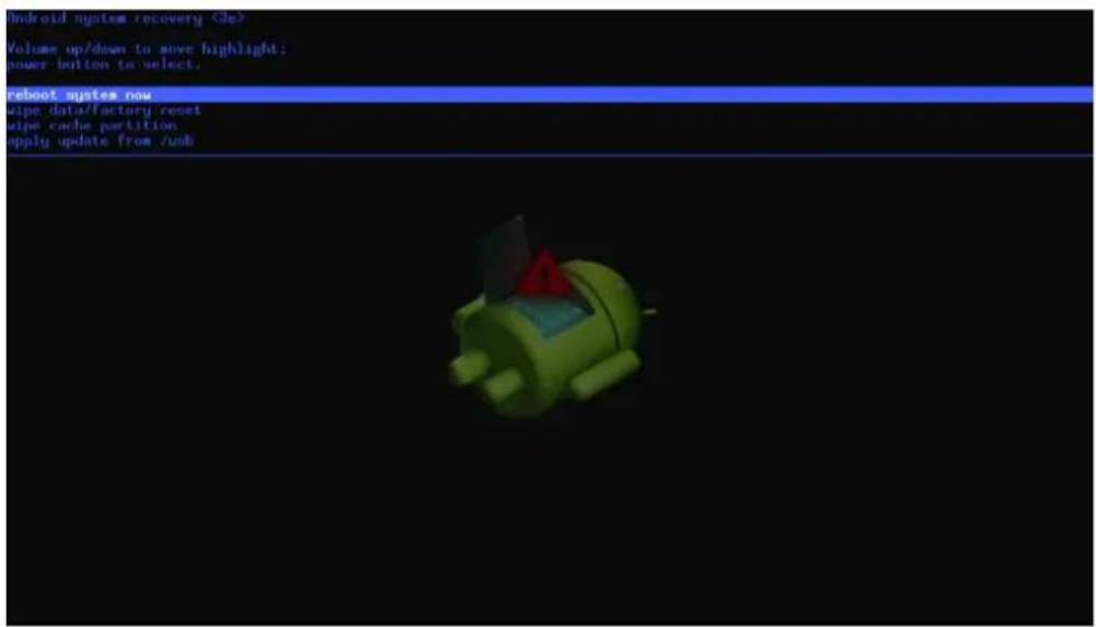 Android system recovery (5e? Volume up/down to move highlight: power button to select. Reboot system now wipe data/factory reset wipe cache partition apply update from /usb