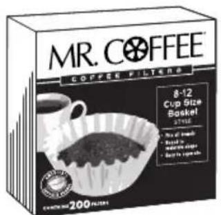 MR. COFFEE COFFEE FILTERS 8-12 Cup Size Basket 375KB • No of cups • Cup size • Water drop • Cup size open