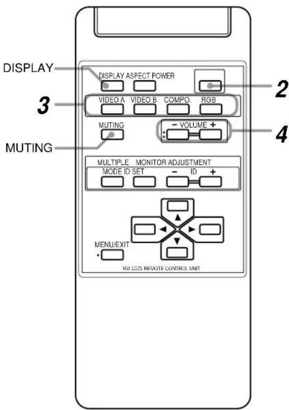 DISPLAY 3 MUTING DISPLAY ASPECT POWER VIDEO A VIDEO B COMPO. RGB MUTING - VOLUME + MULTIPLE MONITOR ADJUSTMENT MODE ID SET - ID + MENU/EXIT RM SIZE REMOTE CONTROL UNIT