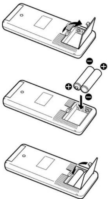Diagram showing three steps of a remote control device with battery and battery stack components, including a close-up view of the internal structure.