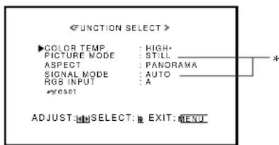 ▶COLOR TEMP : HIGH- PICTURE MODE : STILL _ ASPECT : PANORAMA SIGNAL MODE : AUTO _ ROS INPUT : A *OSCE1 ADJUST: SELECT: EXIT: MENU