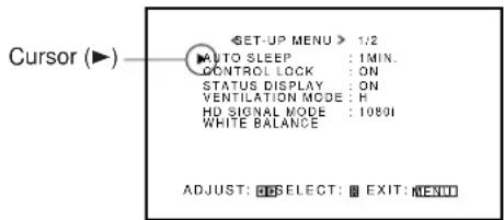 Cursor (▶) SET-UP MENU > 1/2 AUTO SLEEP : 1 MIN. CONTROL LOCK : ON STATUS DISPLAY : ON VENTILATION MODE : H HD SIGNAL MODE : 1080I WHITE BALANCE ADJUST: DP SELECT: ☐ EXIT: MENU