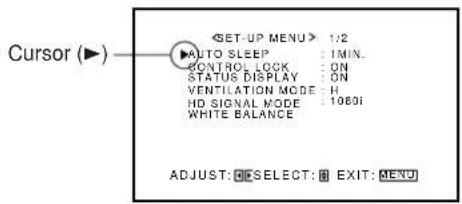 Cursor (▶) 1/2 AUTO SLEEP : 1 MIN. CONTROL LOCK : ON STATUS DISPLAY : ON VENTILATION MODE : H HD SIGNAL MODE : 1080i WHITE BALANCE ADJUST: SELECT: EXIT: MENU