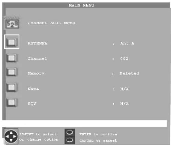 MAIN MENU CHANNEL EDIT menu ANTENNA : Ant A Channel : 002 Memory : Deleted Name : N/A SQV : N/A ADJUST to select ENTER to confirm or change option CANCEL to cancel
