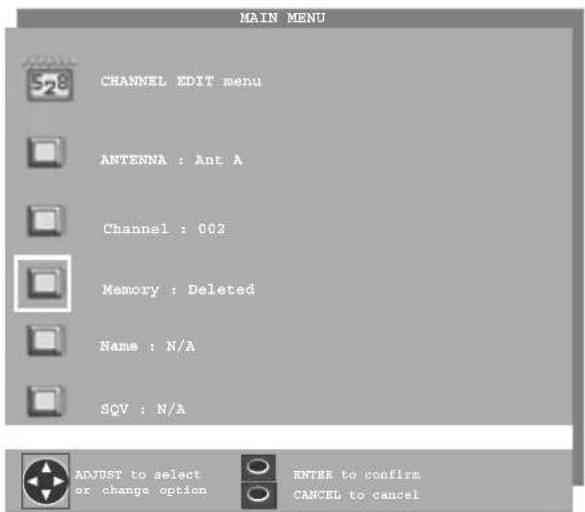 MAIN MENU CHANNEL EDIT menu ANTENNA : Ant A Channels : 002 Memory : Deleted Name : N/A SQV : N/A ADJUST to select or change option ENTER to confirm CANCEL to cancel