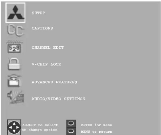 SETUP CAPTIONS CHANNEL EDIT V-CHIP LOCK ADVANCED FEATURES AUDIO/VIDEO SETTINGS ADJUST to select or change option ENTER for menu MENU to return
