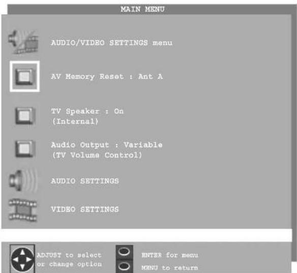 MAIN MENU AUDIO/VIDEO SETTINGS menu AV Memory Reset : Ant A TV Speaker : On (Internal) Audio Output : Variable (TV Volume Control) AUDIO SETTINGS VIDEO SETTINGS ADJUST to select or change option ENTER for menu MROU to return