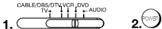 CABLE/DBS/DTV VCR DVD TV AUDIO 1. 2. POWER