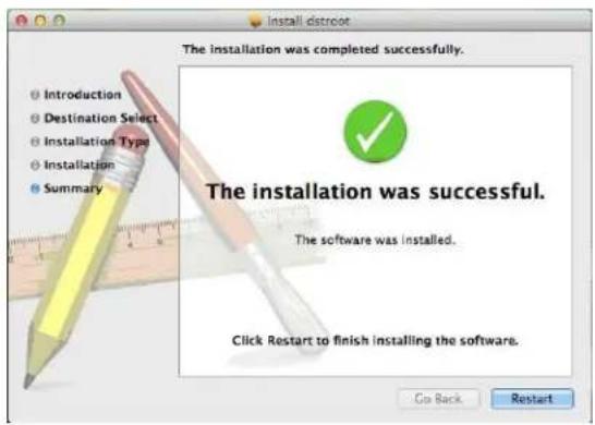 Install distroot The installation was completed successfully. Introduction Destination Select Installation Type Installation Summary The installation was successful. The software was installed. Click Restart to finish installing the software. Go Back Restart