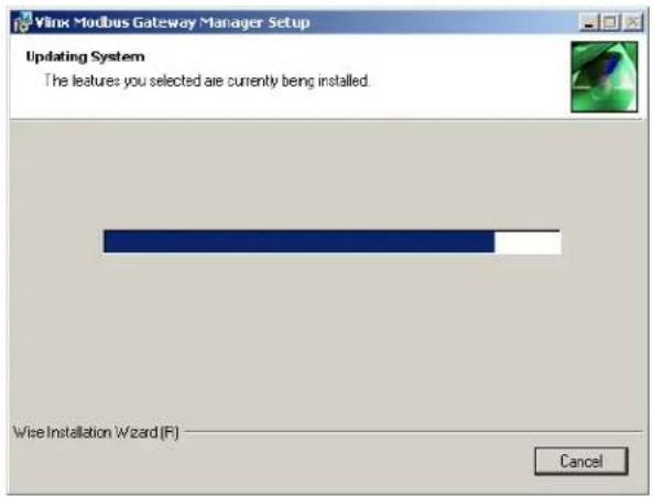 Yilinx Modbus Gateway Manager Setup Updating System The features you selected are currently being installed. Wise Installation Wizard (F) Cancel