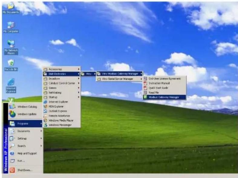 My Documents My Computer My Network Rooms Macrom Bin Active Explore Windows Catalog Windows Update Programs Documents Settings Search Help and Support Run... Shut Downs... Accessories SIB Electronics Bookstore Catalyst Control Center Games Net-Waking Startup Internet Explorer MSN Explorer Outlook Express Remote Assistance Windows Media Player Windows Messenger Vito: Modbus Gateway Manager Vito: Serial Server Manager Modbus Gateway Manager End-User License Agreement Instruction Manual Quick Start Guide Read File