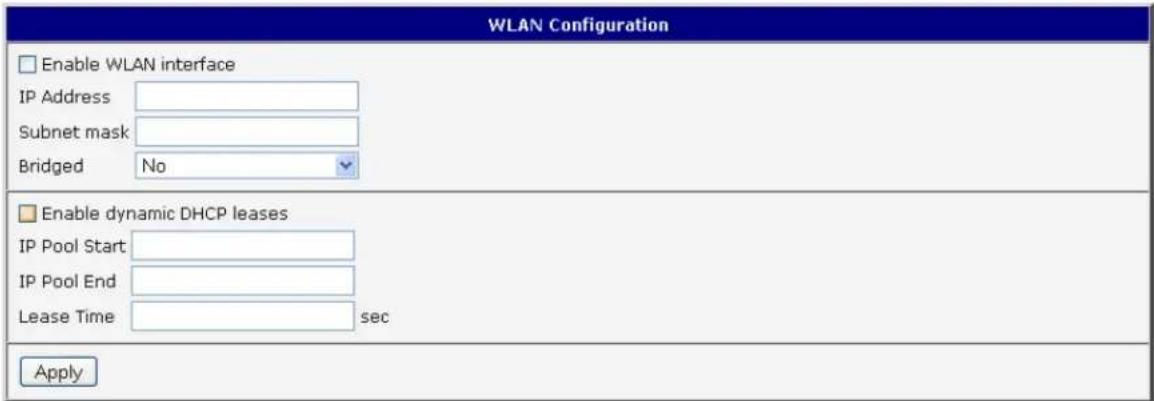 WLAN Configuration Enable WLAN interface IP Address Subnet mask Bridged No Enable dynamic DHCP leases IP Pool Start IP Pool End Lease Time sec Apply