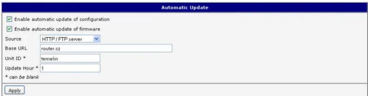 Automatic Update Enable automatic update of configuration Enable automatic update of firmware Source HTTP/FTP server Base URL router.cz Unit ID * temelin Update Hour * 1 * can be blank Apply