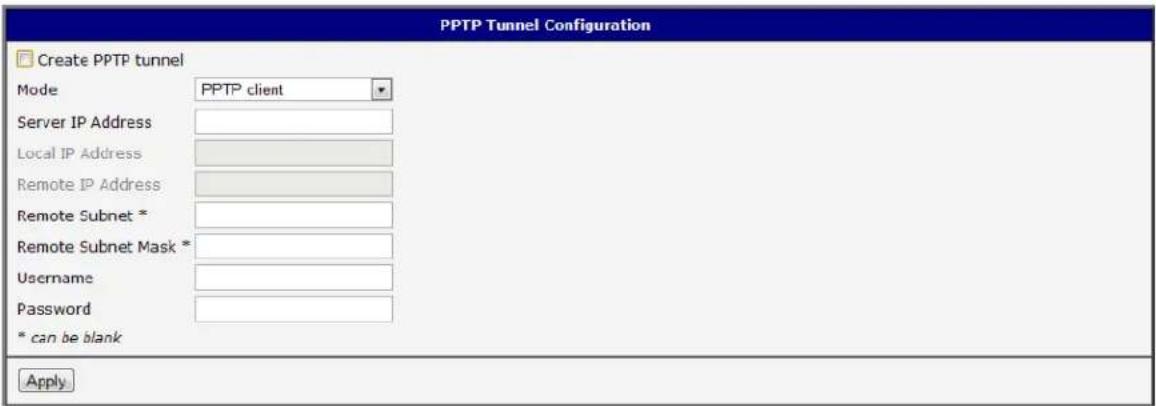PPTP Tunnel Configuration □ Create PPTP tunnel Mode PPTP client Server IP Address Local IP Address Remote IP Address Remote Subnet * Remote Subnet Mask * Username Password * can be blank Apply