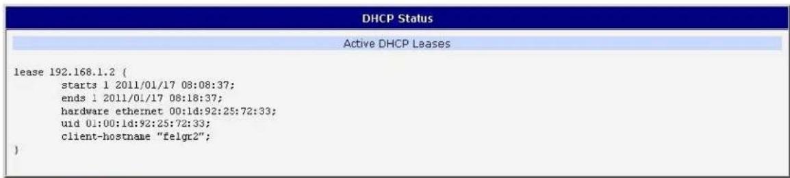 DHCP Status Active DHCP Leases lease 192.168.1.2 { starts 1 2011/01/17 08:08:37; ends 1 2011/01/17 08:18:37; hardware ethernet 00:ld:92:25:72:33; uid 01:00:ld:92:25:72:33; client-hostname "felgr2"; }