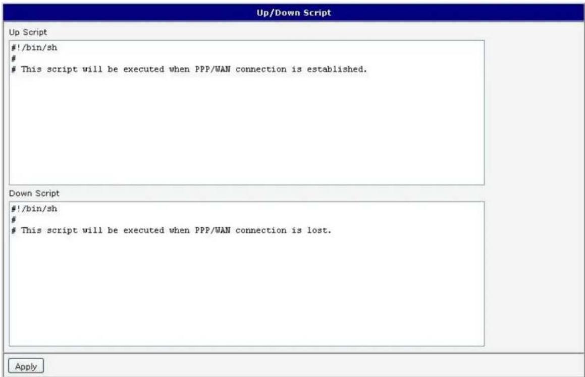 Up/Down Script Up Script #!/bin/sh # This script will be executed when PPP/WAN connection is established. Down Script #!/bin/sh # This script will be executed when PPP/WAN connection is lost. Apply