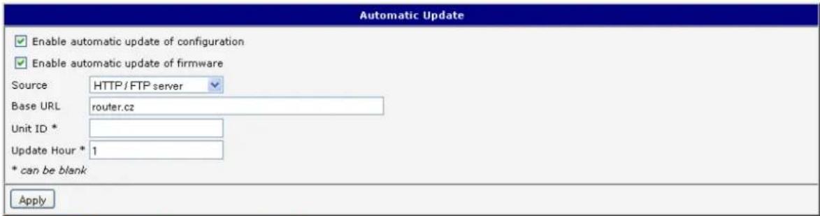 Automatic Update Enable automatic update of configuration Enable automatic update of firmware Source HTTP/FTP server Base URL router.cz Unit ID * Update Hour * 1 * can be blank Apply