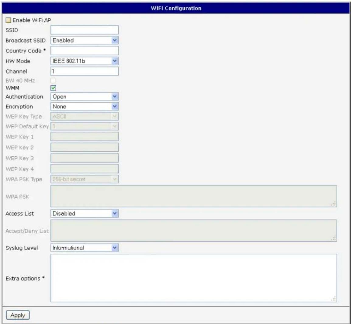 WiFi Configuration Enable WiFi AP SSID Broadcast SSID Enabled Country Code * HW Mode IEEE 802.11b Channel 1 BW 40 MHz WMM Authentication Open Encryption None WEP Key Type ASCII WEP Default Key 1 WEP Key 1 WEP Key 2 WEP Key 3 WEP Key 4 WPA PSK Type 256-bit secret WPA PSK Access List Disabled Accept/Deny List Syslog Level Informational Extra options * Apply