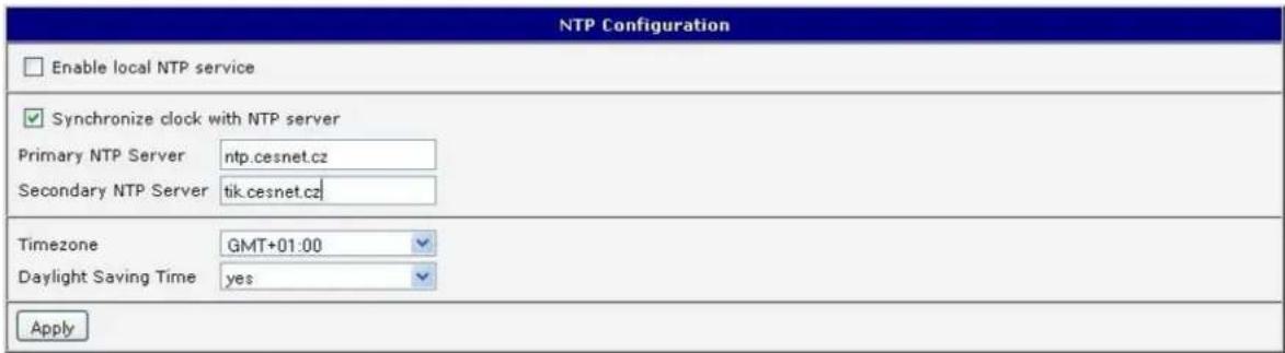 NTP Configuration Enable local NTP service Synchronize clock with NTP server Primary NTP Server ntp.cesnet.cz Secondary NTP Server tik.cesnet.cz Timezone GMT+01:00 Daylight Saving Time yes Apply