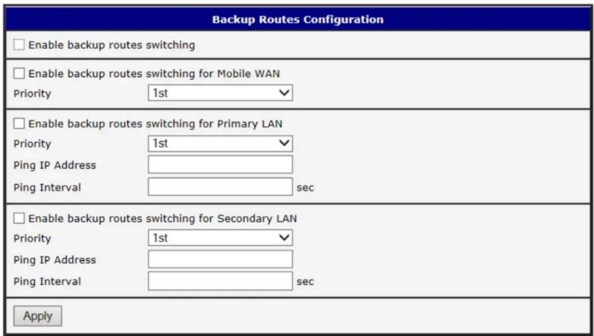 Backup Routes Configuration Enable backup routes switching Enable backup routes switching for Mobile WAN Priority 1st Enable backup routes switching for Primary LAN Priority 1st Ping IP Address Ping Interval sec Enable backup routes switching for Secondary LAN Priority 1st Ping IP Address Ping Interval sec Apply
