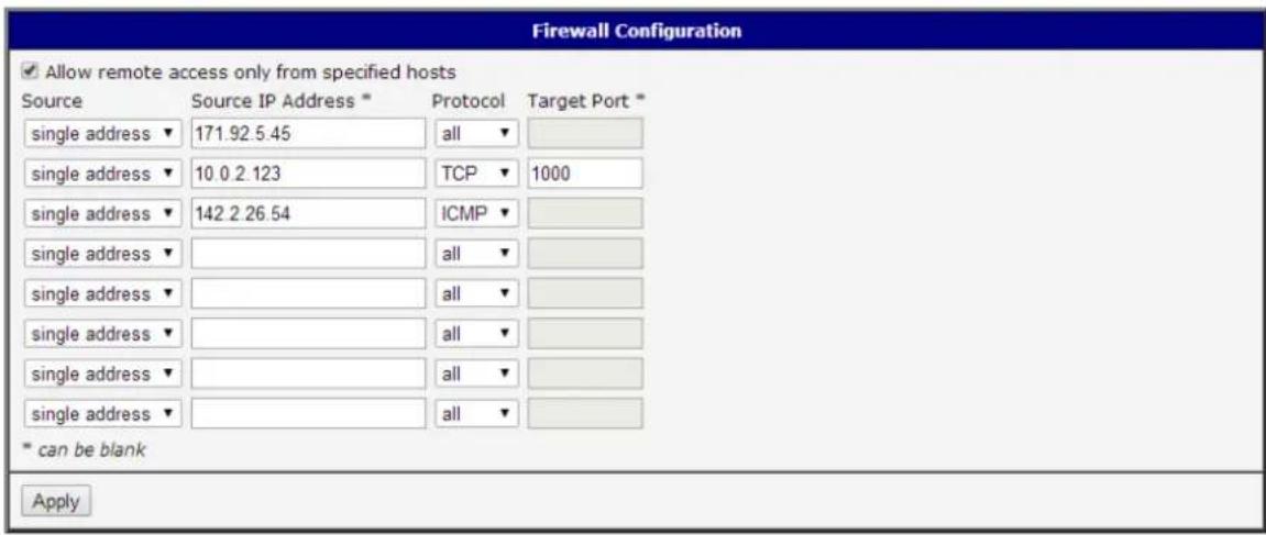 Firewall Configuration ✓ Allow remote access only from specified hosts Source Source IP Address * Protocol Target Port * single address ▼ 171.92.5.45 all ▼ single address ▼ 10.0.2.123 TCP ▼ 1000 single address ▼ 142.2.26.54 ICMP ▼ single address ▼ all ▼ single address ▼ all ▼ single address ▼ all ▼ single address ▼ all ▼ single address ▼ all ▼ * can be blank Apply