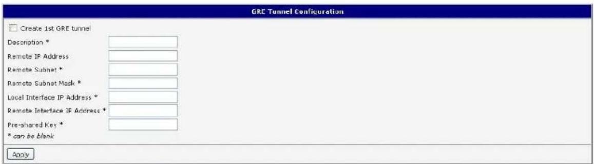 GRE Tunnel Configuration □ Create 1st GRE tunnel Description * Remote IP Address * Remote Subnet * Remote Subnet Mask * Local Interface IP Address * Remote Interface IP Address * Pre-shared Key * * can be blank Apply
