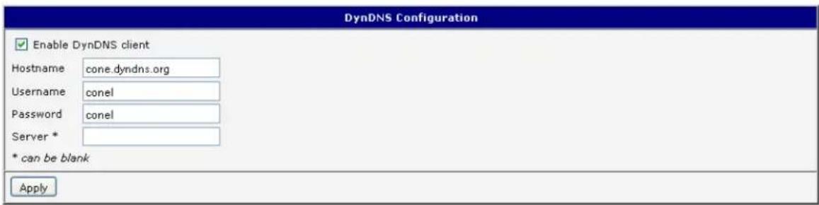 DynDNS Configuration Enable DynDNS client Hostname cone.dyndns.org Username conel Password conel Server * * can be blank Apply