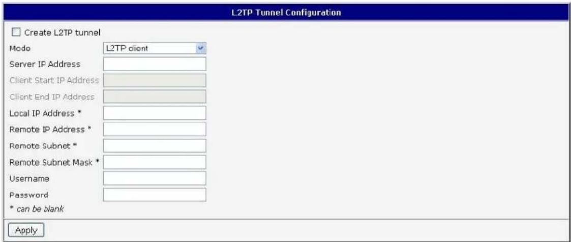 L2TP Tunnel Configuration □ Create L2TP tunnel Mode L2TP client Server IP Address Client Start IP Address Client End IP Address Local IP Address * Remote IP Address * Remote Subnet * Remote Subnet Mask * Username Password * can be blank Apply