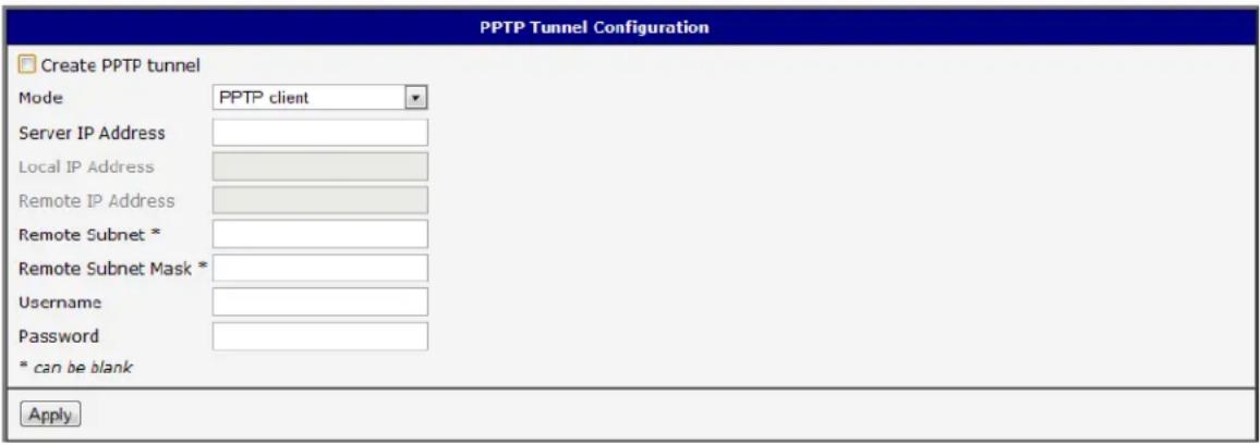 PPTP Tunnel Configuration □ Create PPTP tunnel Mode PPTP client Server IP Address Local IP Address Remote IP Address Remote Subnet * Remote Subnet Mask * Username Password * can be blank Apply