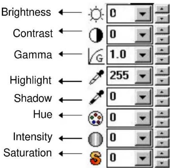 Brightness ← 0 Contrast ← 0 Gamma ← √G 1.0 Highlight ← 255 Shadow ← 0 Hue ← 0 Intensity ← 0 Saturation ← 0