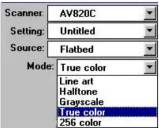 Scanner: AV820C Setting: Untitled Source: Flatbed Mode: True color Line art Halftone Grayscale True color 256 color
