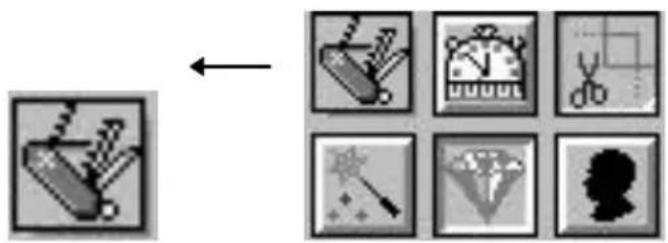 Diagram showing a pencil icon pointing to six different icons including scissors, stopwatch, magnifying glass, starburst, diamond, and silhouette.