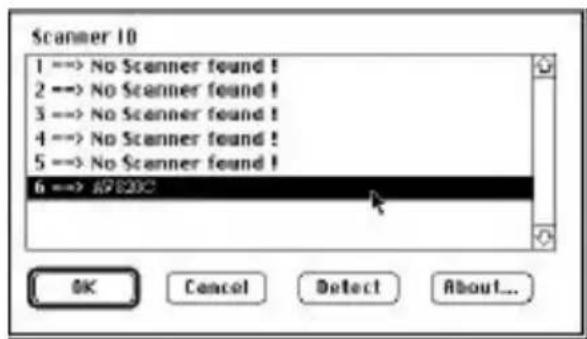 Scanner 10 1 --> No Scanner found ! 2 --> No Scanner found ! 3 --> No Scanner found ! 4 --> No Scanner found ! 5 --> No Scanner found ! 6 --> R7820C OK Cancel Detect About...