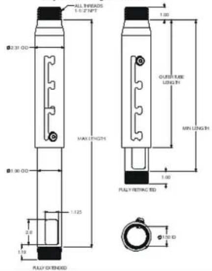 ALL THREADS 1-1.2 NPT 2.31 OD MAX LENGTH 1.90 OD 1.125 2.0 1.19 FULLY EXTENDED QUATILE LINE MIN LENGTH 1.00 FULLY RETRACED 1.00 ID 1.20 ID