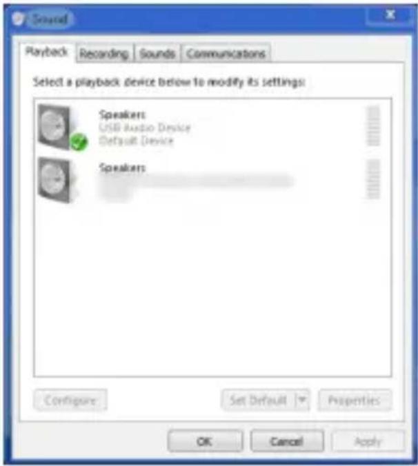 Sound Playback Recording Sounds Communications Select a playback device below to modify its settings: Speakers USB Audio Device Default Device Speakers Configure Set Default Properties OK Cancel Apply