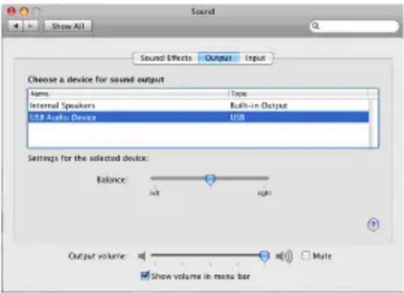 Sound Show All Sound Effects Output Input Choose a device for sound output Name Type Internal Speakers Built-in Output USB Audio Device USB Settings for the selected device: Balance left right Output volume Mute Show volume in menu bar