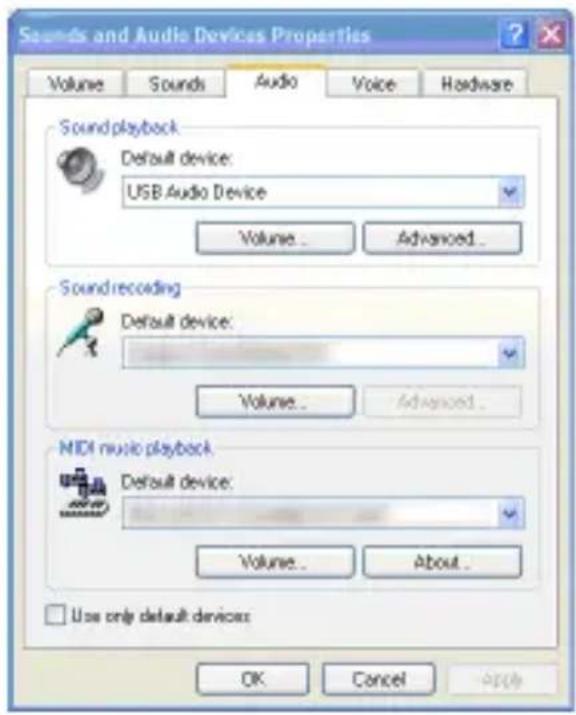 Sounds and Audio Devices Properties Volume Sounds Audio Voice Hardware Sound playback Default device: USB Audio Device Volume... Advanced... Sound recording Default device: Volume... Advanced... MIDI music playback Default device: Volume... About... Use only default devices OK Cancel Apply