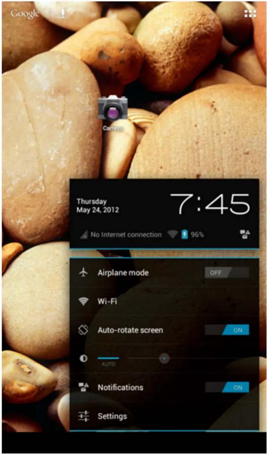 Thursday May 24, 2012 7:45 No Internet connection 96% Airplane mode OFF Wi-Fi Auto-rotate screen ON AUTO Notifications ON Settings
