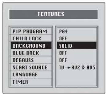 FEATURES PIP PROGRAM CHILD LOCK BACKGROUND BLUE BACK DEGAUSS SCART SOURCE LANGUAGE TIMER P04 OFF SOLID OFF OFF TU→AV2 & AV3