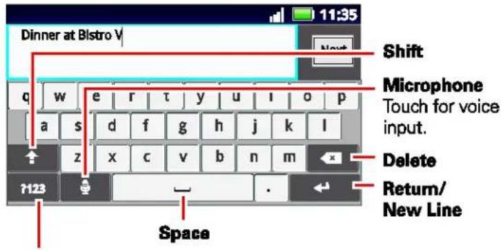 Dinner at Bistro V 11:35 Shift Microphone Touch for voice input. Delete Return/ New Line Space