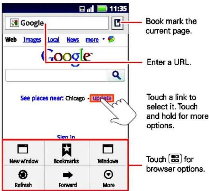11:35 Google Web Images Local News more Book mark the current page. Enter a URL. See places near: Chicago - update Touch a link to select it. Touch and hold for more options. New window Bookmarks Windows Refresh Forward More Sign in Touch for browser options.