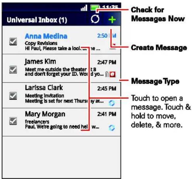 Universal Inbox (1) Anna Medina Copy Revisions HI Paul, Please take a look... James Kim Meet me outside the theater and don't forget your ID. Won Larissa Clark Meeting Invitation Meeting Is set for next Thursi Mary Morgan freelancers Paul, We're going to need hel 2:50 PM 2:47 PM t 8 d yo... 2:45 PM y at... 2:41 PM w... Check for Messages Now Create Message Message Type Touch to open a message. Touch & hold to move, delete, & more.