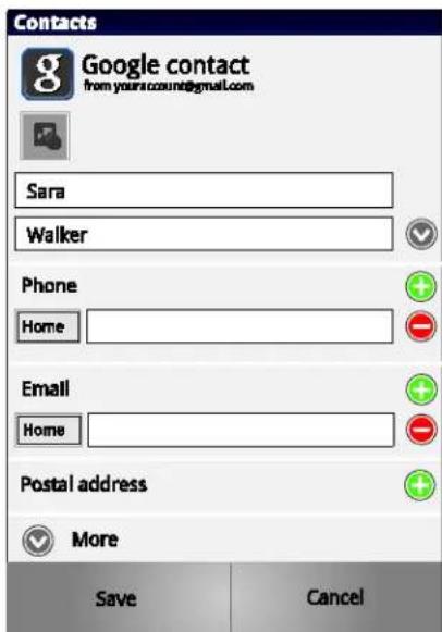 Contacts Google contact from your accounts@gmail.com Sara Walker Phone Home Email Home Postal address More Save Cancel