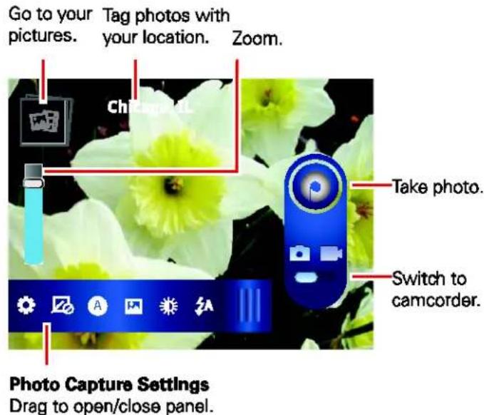 Go to your pictures. Tag photos with your location. Zoom. Ch Take photo. Switch to camcorder. Photo Capture Settings Drag to open/close panel.